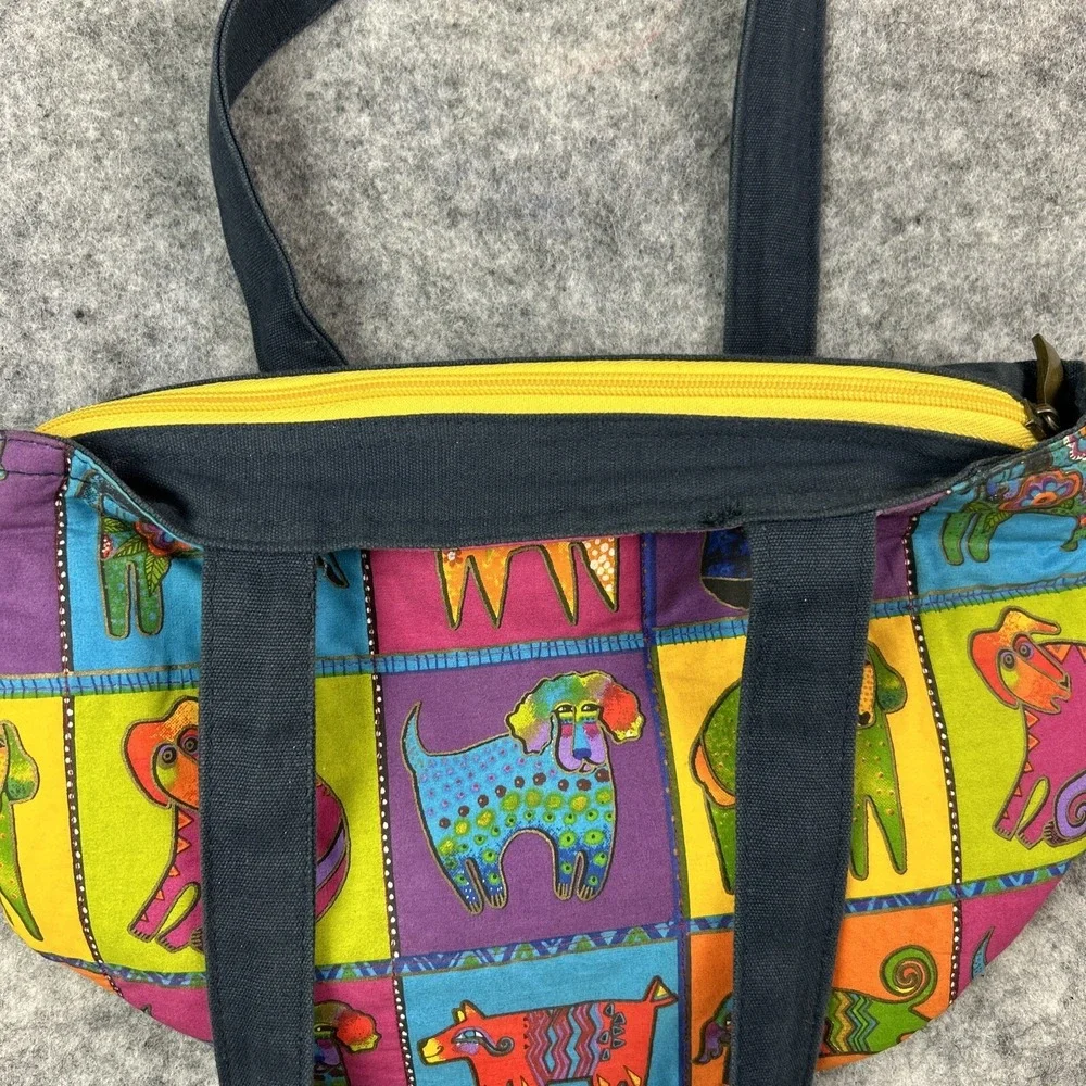 LAUREL BURCH Medium Canvas Dog Bag Purse Shoulder Tote W/ Zip Top AOP Dogs‎